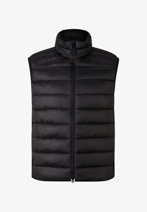 Gilet sans manches en noir avec un col haut, un motif matelassé, une fermeture éclair centrale et des poches latérales. Matériau lisse et léger.