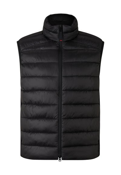 Schwarze ärmellose Daunenweste mit hohem Kragen, gesteppter Optik, zentralem Reißverschluss und Seitentaschen. Glattes, leichtes Material.