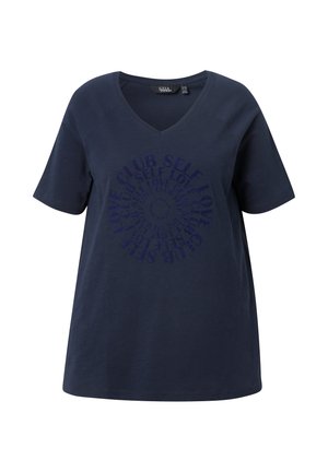 Navy blue V-neck t-shirt with short sleeves, featuring a circular "CLUB SELF LOVE" text pattern in a slightly darker shade. Soft fabric.