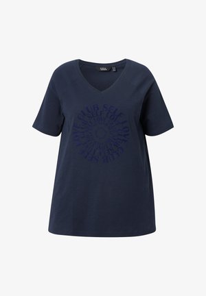 Navy blue V-neck t-shirt with short sleeves, featuring a circular "CLUB SELF LOVE" text pattern in a slightly darker shade. Soft fabric.