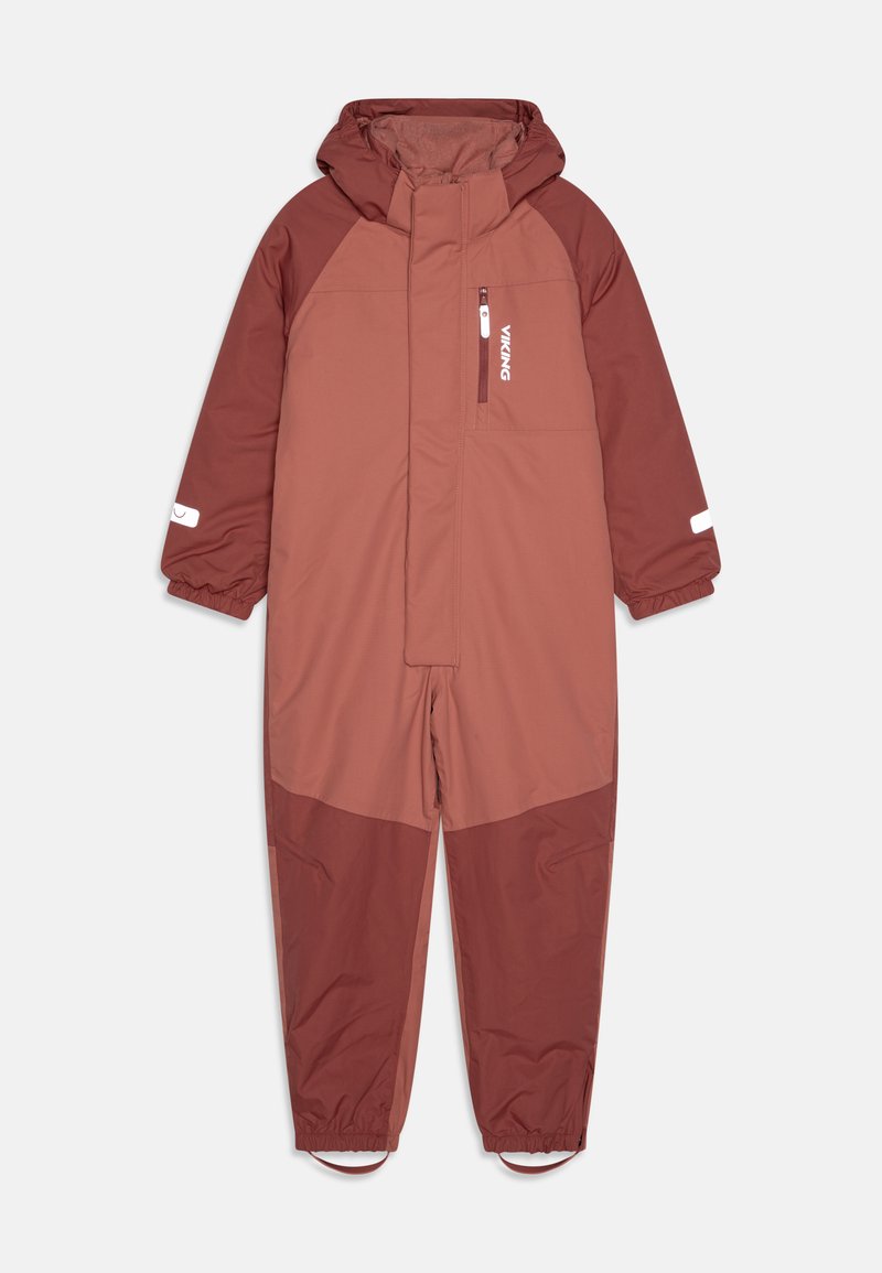 Κόκκινο-καφέ μονωμένο σακάκι χιονιού με κουκούλα, τσέπες με φερμουάρ, ελαστικούς καρπούς και σχεδίαση με χρωματικούς μπλοκ σε διάφορες αποχρώσεις του καφέ.