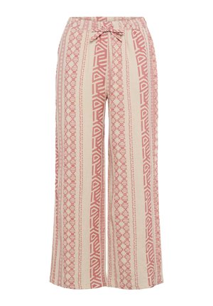 Pantaloni largi dintr-un material crem, având un model geometric roșu. Braț elastic cu șnur. Textură ușoară și respirabilă.