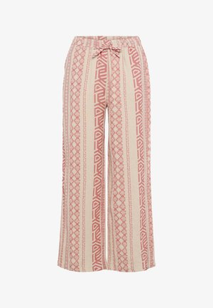 Laihuoneet, valmistettu vaaleasta kankaasta, jossa on punainen geometrinen kuvio. Joustava vyötärö, jossa kiristysnauha. Kevyt, hengittävä rakenne.