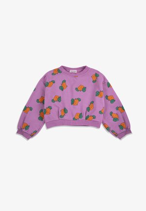 Fialová krátká mikina s potiskem oranžových usmívajících se plodů se zelenými listy na dlouhých rukávech a s žebrovanými manžetami a lemem.