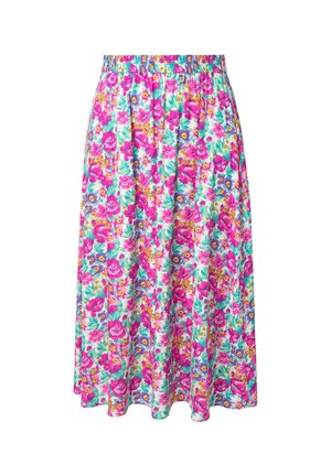 Květinová maxi sukně z lehkého materiálu s růžovým, fialovým a tyrkysovým vzorem. Má elastický pas a volný střih.