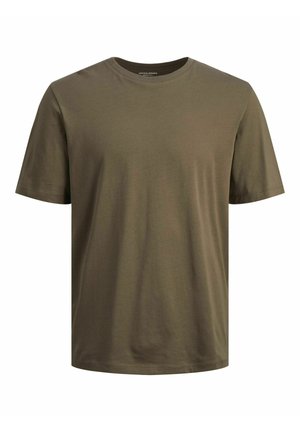 Camiseta de algodón verde oliva con cuello redondo y mangas cortas, que presenta una textura suave y un ajuste holgado. Diseño minimalista sin patrones.