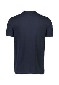 T-paita tummansinistä puuvillaa, jossa on pyöreä kaula-aukko ja lyhyt hiha. Sileä pinta, suora helma ja minimaalinen ompelu yksityiskohta takana.