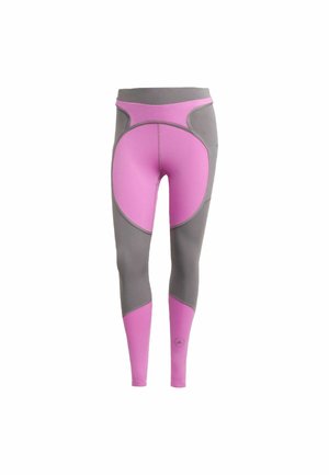 Pink and gray athletic leggings. Made of stretchy, smooth material, featuring a color-block design with rounded and angular accents.