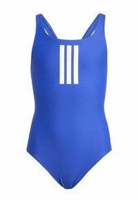 Kupaći kostim od jarkoplave tkanine sa glatkom teksturom. Ima tri bijele okomite pruge sprijeda i tanke naramenice.