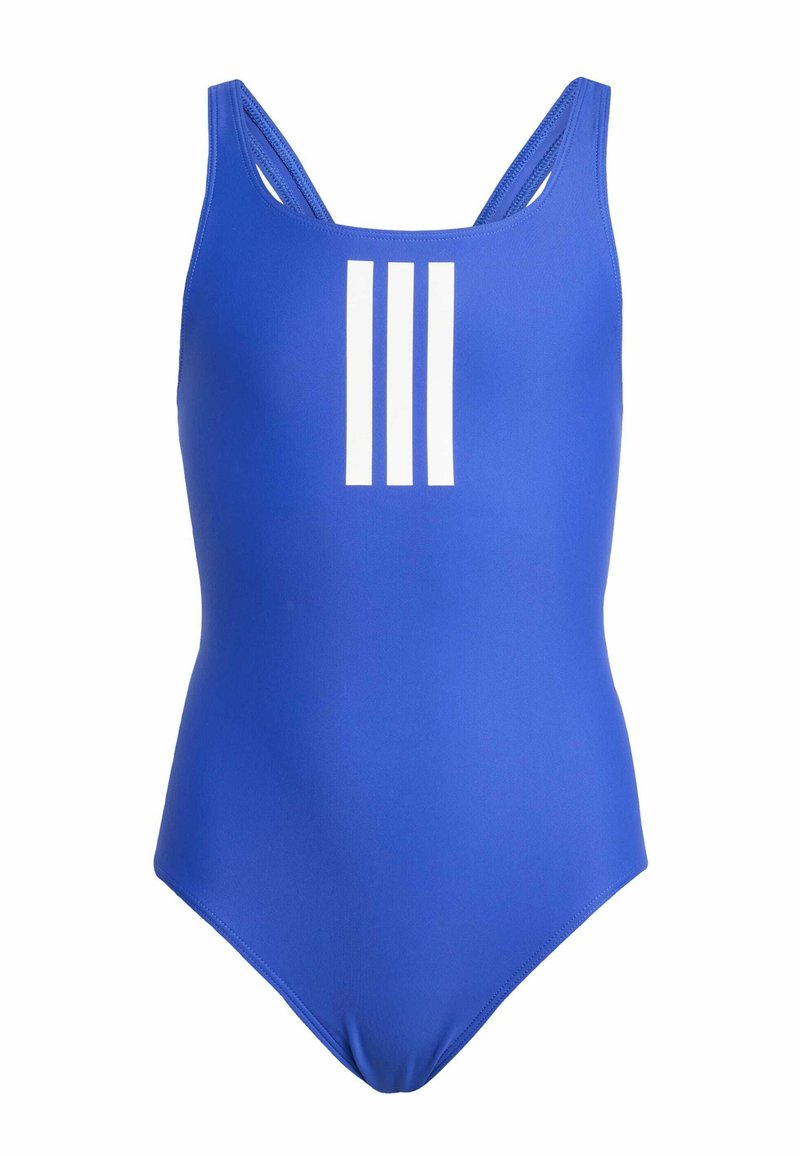 Kupaći kostim od jarkoplave tkanine sa glatkom teksturom. Ima tri bijele okomite pruge sprijeda i tanke naramenice.