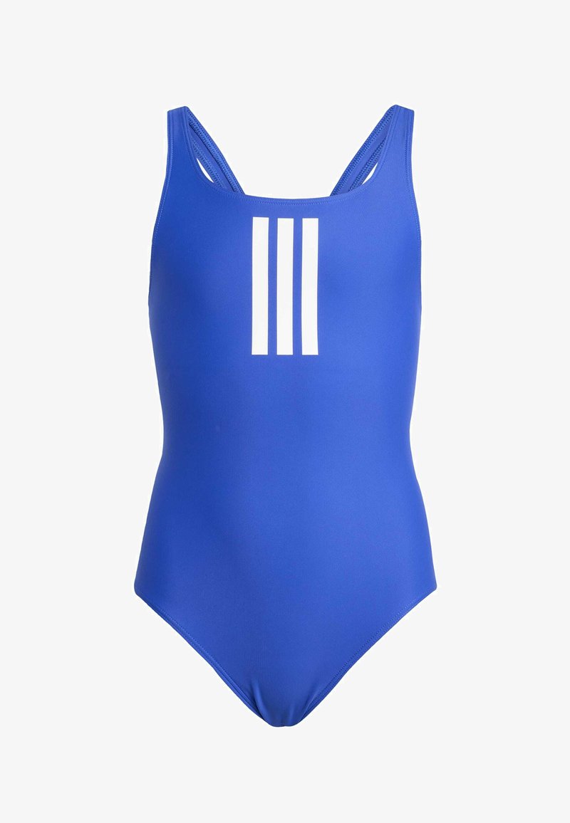 Kupaći kostim od jarkoplave tkanine sa glatkom teksturom. Ima tri bijele okomite pruge sprijeda i tanke naramenice.