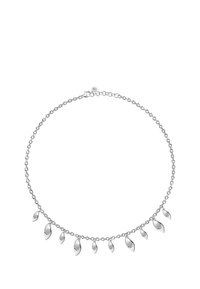 Collana d'argento con design a catena, caratterizzata da sette accenti a forma di foglia di diverse dimensioni pendenti dal centro.