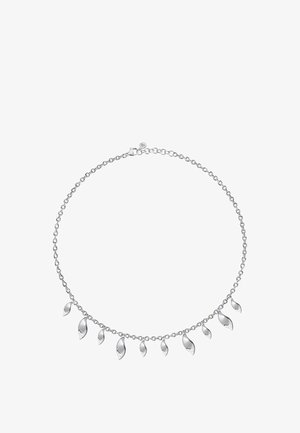 Collana d'argento con design a catena, caratterizzata da sette accenti a forma di foglia di diverse dimensioni pendenti dal centro.