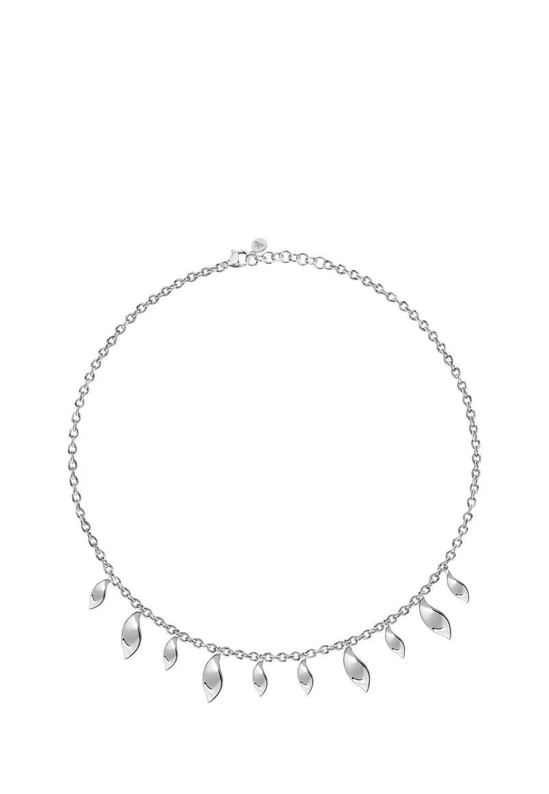 Collana d'argento con design a catena, caratterizzata da sette accenti a forma di foglia di diverse dimensioni pendenti dal centro.