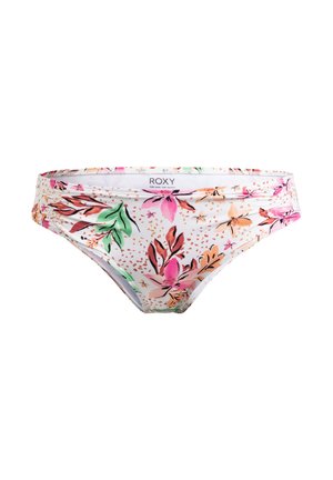 Blumige Bikinibundes mit weißem Hintergrund, die mit rosa und grünen Blattmustern sowie einem Roxy-Label am Bund versehen sind. Glatte Stofftextur.