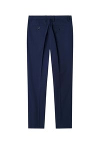Pantaloni blu navy su misura con passanti per cintura e due tasche posteriori con pattina e bottone, mostrati da dietro su sfondo bianco.
