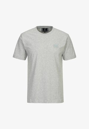Graues T-Shirt mit kurzen Ärmeln aus Baumwolle, mit einem runden Ausschnitt und einem kleinen quadratischen Logo-Patch auf der linken Brustseite.