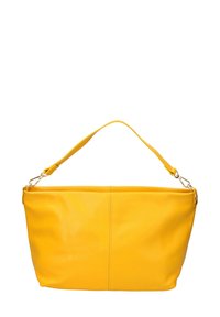 Borsa a tracolla gialla in pelle con una superficie liscia, forma rettangolare e una singola tracolla, arricchita da dettagli in metallo dorato.