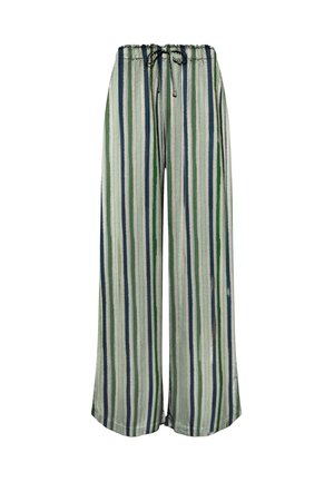 Väljiöt, leveälahkeiset housut, joissa pystysuorat raidat vihreänä, sinisenä ja valkoisena. Housuissa on joustava vyötärönauha, jossa on kiristysnauha.