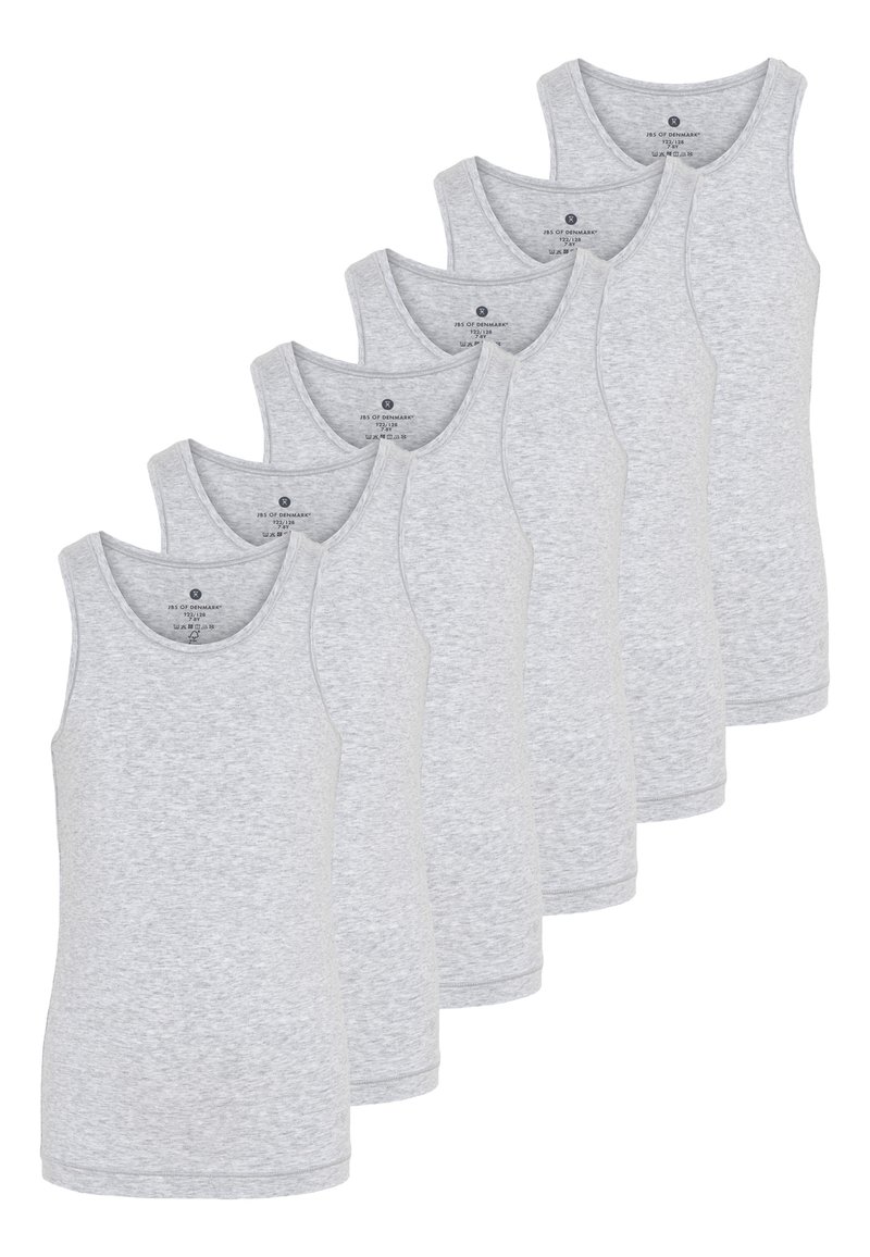 Six gray cotton tank tops with rounded necklines and sleeveless design, featuring a smooth texture and consistent stitching throughout.
