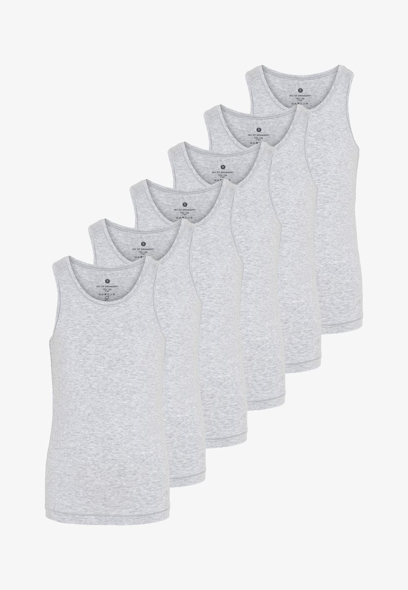 Seks grå bomulds tanktoppe med rund udskæring og uden ærmer, som har en glat overflade og ensartet syning hele vejen igennem.