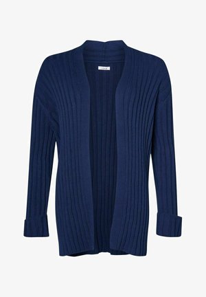 Námořnický modrý žebrovaný cardigan s otevřeným předním dílem, dlouhými rukávy a přehnutými manžetami. Vyrobeno z pleteného materiálu, s texturovaným vzorem.