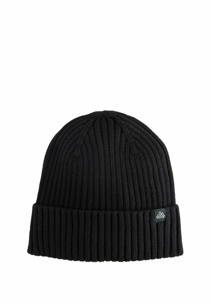 Berretto lavorato a maglia nero con una texture a coste, dotato di un risvolto e di un piccolo etichetta del marchio sul lato.