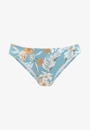 Blumiger Bikini-Höschen mit hellem blauen Hintergrund und orangefarbenen sowie weißen Blumenmustern. Aus glattem, dehnbarem Stoff gefertigt mit einem niedrigen Bund.