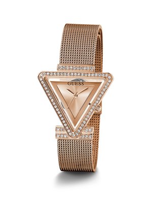 Orologio triangolare in oro rosa con cinturino in rete, dotato di una lunetta accentuata da cristalli e un quadrante minimalista. Logo del marchio visibile.