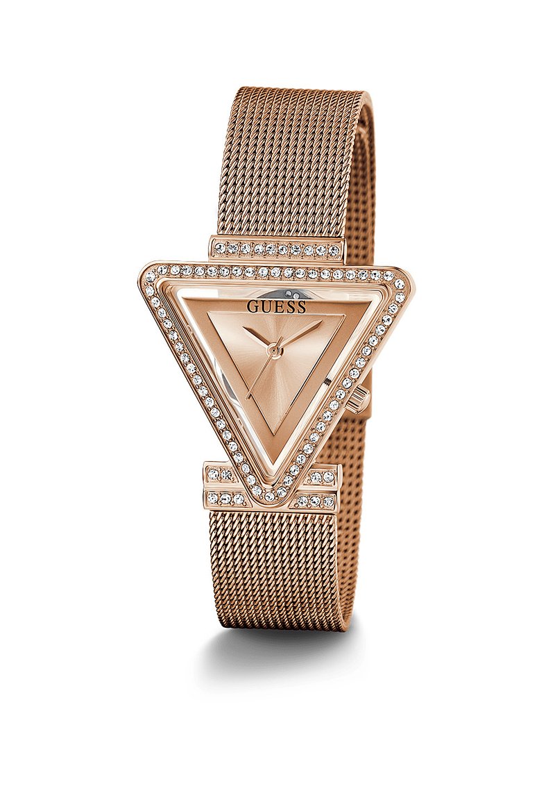 Orologio triangolare in oro rosa con cinturino in rete, dotato di una lunetta accentuata da cristalli e un quadrante minimalista. Logo del marchio visibile.