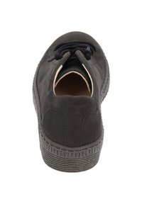 Schwarzer Schuh mit runder Zehenpartie, strukturiertem Gummisohle, Schnürung vorne und glattem Lederoberteil mit minimalen Nähdetails.