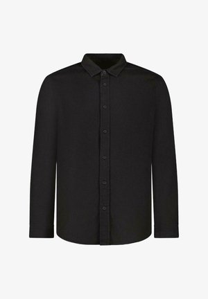 Zwart langemouwen shirt van zacht stof; heeft een puntkraag, knoopsluiting en rechte zoom met omslagmouwen.