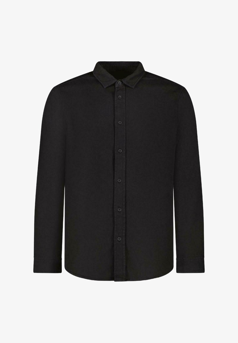 Zwart langemouwen shirt van zacht stof; heeft een puntkraag, knoopsluiting en rechte zoom met omslagmouwen.