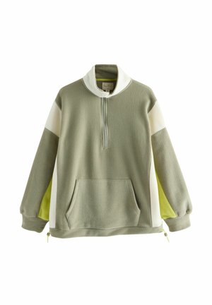 Fleece pullover i olivengrøn med hvide og neongule detaljer, som har en kvart lynlås, høj krave og frontlomme. Tekstureret stof.