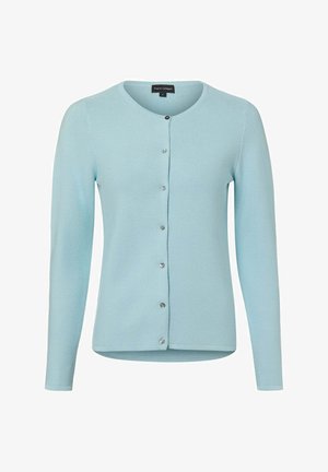 Lichtblauwe gebreide cardigan met een ronde hals, lange mouwen en zes knoopsluitingen met doorzichtige decoratieve knopen.
