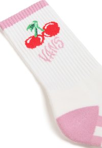 Vita ribbade strumpor med rosa mudd och tå. Har röda körsbär och "Vans" i rosa stygn. Mjuk textur, avslappnad design.