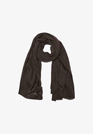 Dark brown scarf made of soft, textured fabric, featuring a looped design with loose drapes and frayed edges.