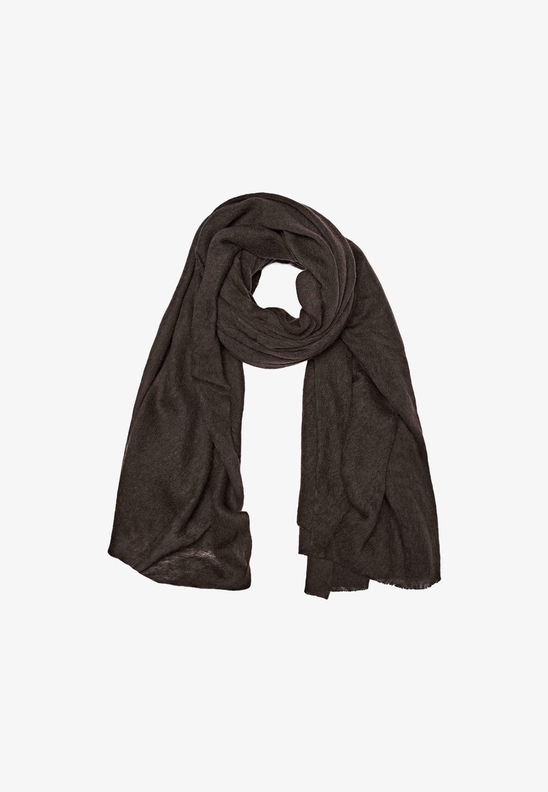Mörkbrun halsduk gjord av mjukt, texturerat tyg, med en loopad design som har lösa draperingar och fransade kanter.