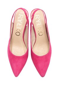 Pantofole slingback in suede rosa con punta affusolata e lati intagliati. L'interno presenta una soletta beige testurizzata con marchio dorato.
