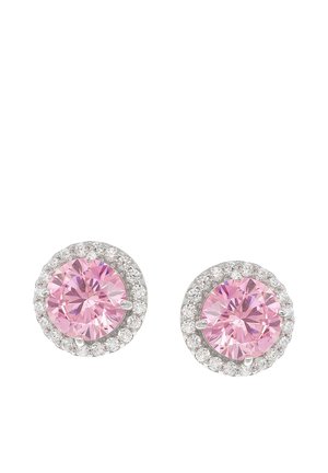 Runde Ohrstecker mit großen rosa Edelsteinen, umgeben von kleinen klaren Kristallen in silbernen Fassungen.