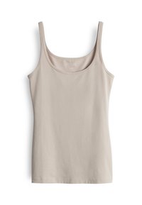 Beige Tanktop aus weichem, dehnbarem Material mit Rundhalsausschnitt und dünnen Schulterträgern. Verfügt über eine glatte Textur und keine sichtbaren Muster.
