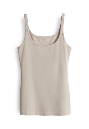 Beige tank top made of soft, stretchy fabric with a scoop neckline and thin shoulder straps. Features a smooth texture and no visible patterns.