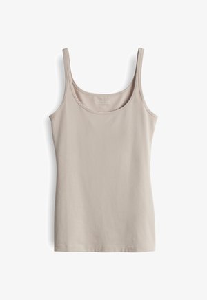 Beige Tanktop aus weichem, dehnbarem Material mit Rundhalsausschnitt und dünnen Schulterträgern. Verfügt über eine glatte Textur und keine sichtbaren Muster.