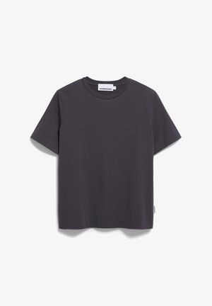 T-shirt gris en coton à manches courtes avec un col rond et une coupe droite. Étiquette visible à l'arrière du cou. Texture douce sans motifs.