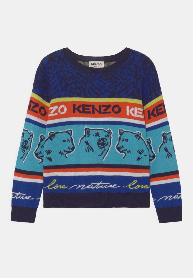 Pull enfant avec imprimé animal bleu et marine, rayures colorées, visages d’ours répétés et bandes de texte « KENZO » et « love nature ».