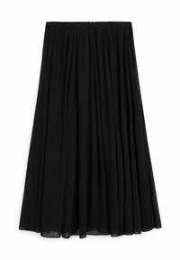 Jupe midi plissée noire à taille haute et fermeture éclair, réalisée en tissu léger et semi-transparent.