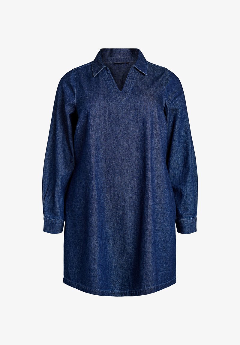 Denim mekko, jossa on V-aukko, pitkät hihat ja hieman löysä istuvuus. Ominaisuuksiin kuuluu tummansininen pesu, sileä rakenne ja tavallinen kaulus.