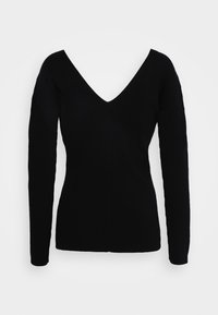 Schwarzer langärmliger Pullover mit tiefem V-Ausschnitt. Verfügt über eine gerippte Textur und ein eng anliegendes Design, das einen schlanken und modernen Look bietet.