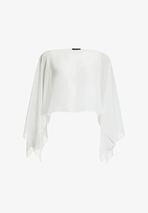 Witte asymmetrische losse top met lange, vloeiende mouwen en een brede bootnek, met het label "SWING" bij de kraag.