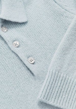 Šviesiai mėlynas megztinis su polo tipo apykakle, turintis tris sidabrines mygtukus ir raštuotas rankogalius. Minkšta tekstūra su nuosekliu raštu.